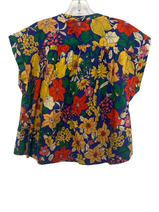Mother Size Small Blue, Orange, Green Cotton Cap Sleeve Floral Half Button Top Blue, Orange, Green / Small