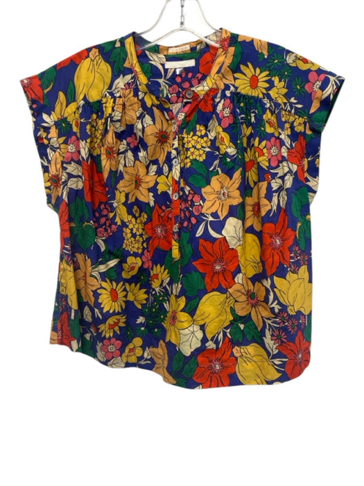 Mother Size Small Blue, Orange, Green Cotton Cap Sleeve Floral Half Button Top Blue, Orange, Green / Small