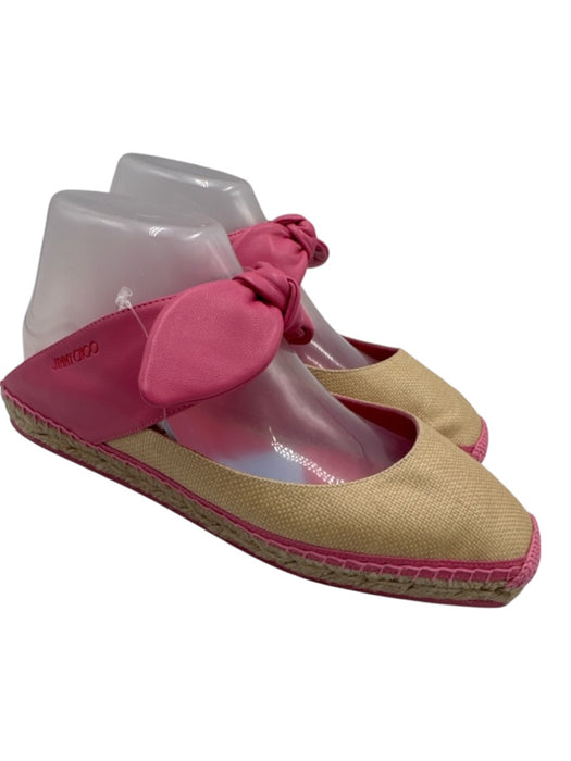 Jimmy Choo Shoe Size 38 Pink & Beige Leather & Straw Square Toe Knot Espadrille Pink & Beige / 38