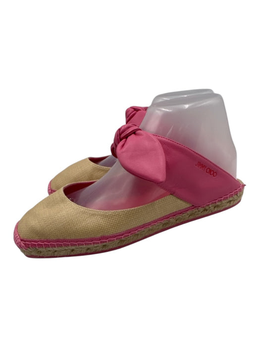 Jimmy Choo Shoe Size 38 Pink & Beige Leather & Straw Square Toe Knot Espadrille Pink & Beige / 38