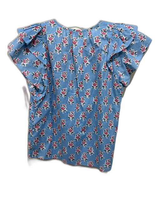 Marea Size S Light Blue, White & Pink Cotton Floral Cap Sleeve V Neck Boxy Top Light Blue, White & Pink / S