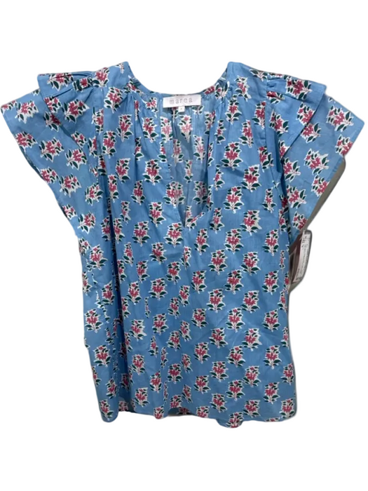 Marea Size S Light Blue, White & Pink Cotton Floral Cap Sleeve V Neck Boxy Top Light Blue, White & Pink / S