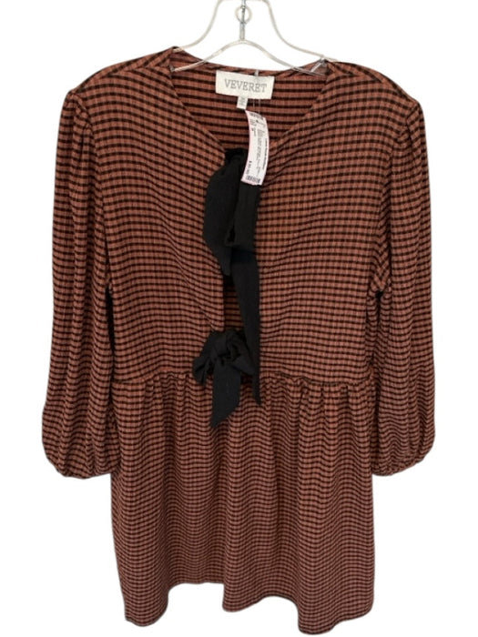 Veveret Size M Bronze & Black Gingham Front Tie Balloon Sleeve Mini Dress Bronze & Black / M