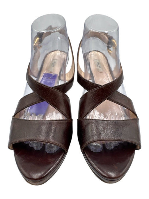 Prada Shoe Size 40 Dark Brown Leather Upper Criss Cross Ankle Buckle Sandals Dark Brown / 40