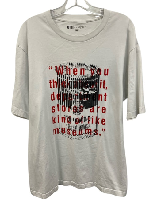 Uniqlo Size L White & Red Cotton Blend Abstract T shirt Crew Men's Short Sleeve White & Red / L