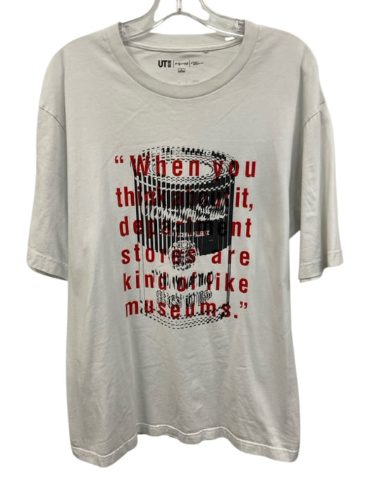 Uniqlo Size L White & Red Cotton Blend Abstract T shirt Crew Men's Short Sleeve White & Red / L