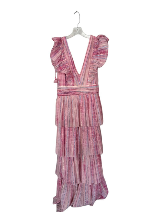 Saylor Size M Pink & Multi Cotton Blend Flutter Sleeves Striped Metallic Dress Pink & Multi / M