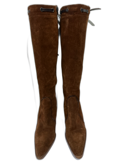 Coach Shoe Size 8B Brown Suede Laced Detail Side Zip Pointed Toe Knee High Boots Brown / 8B