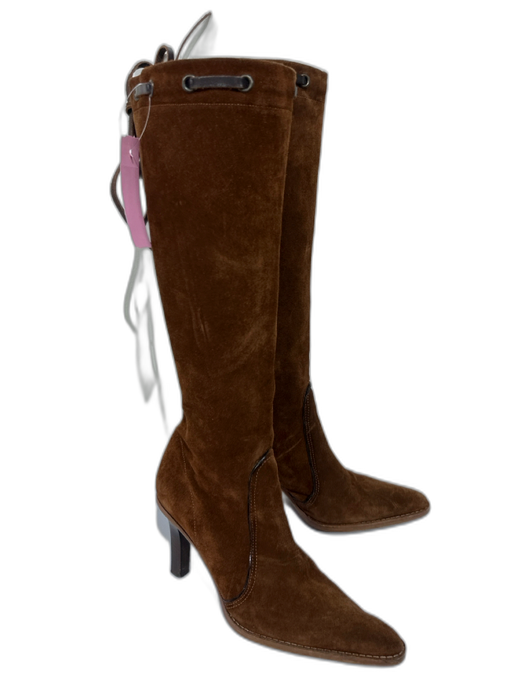 Coach Shoe Size 8B Brown Suede Laced Detail Side Zip Pointed Toe Knee High Boots Brown / 8B