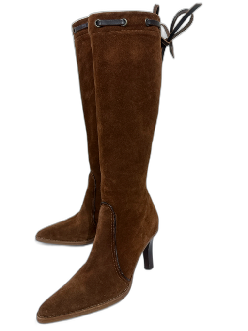 Coach Shoe Size 8B Brown Suede Laced Detail Side Zip Pointed Toe Knee High Boots Brown / 8B