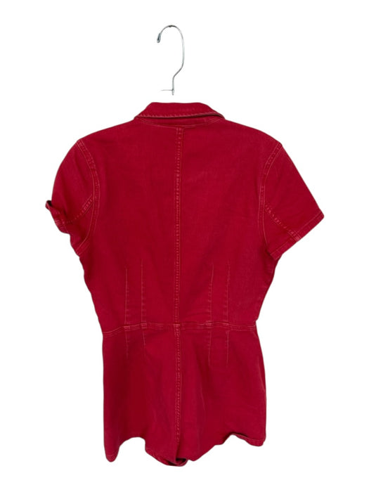 Free People Size 8 Red Cotton Blend Denim Front Zip Pockets Collar Romper Red / 8