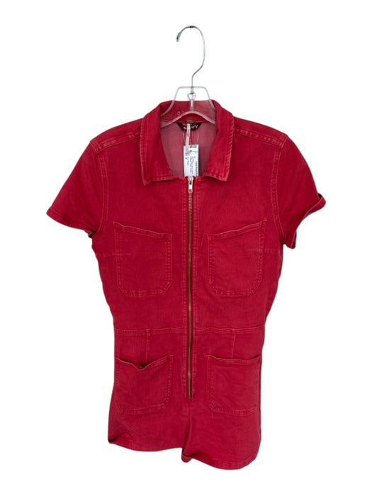 Free People Size 8 Red Cotton Blend Denim Front Zip Pockets Collar Romper Red / 8