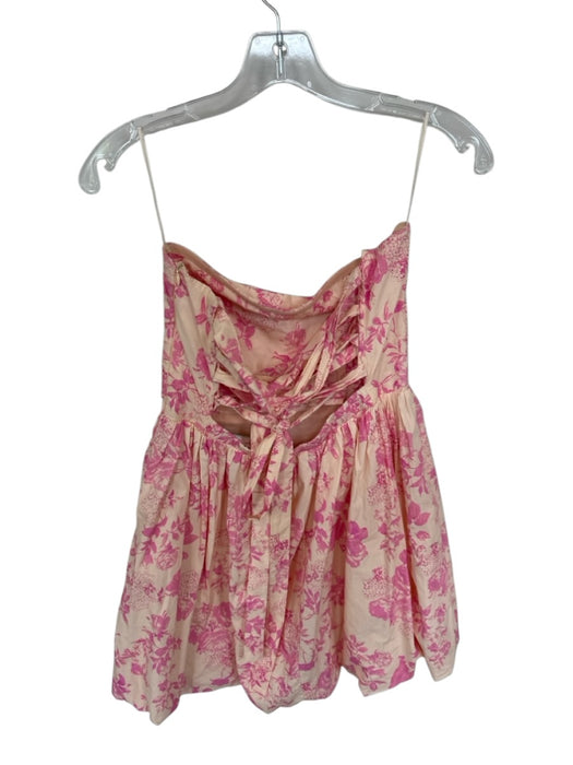 Olivaceous Size L Pink & Cream Cotton Strapless Tie Back Floral Bubble Hem Dress Pink & Cream / L