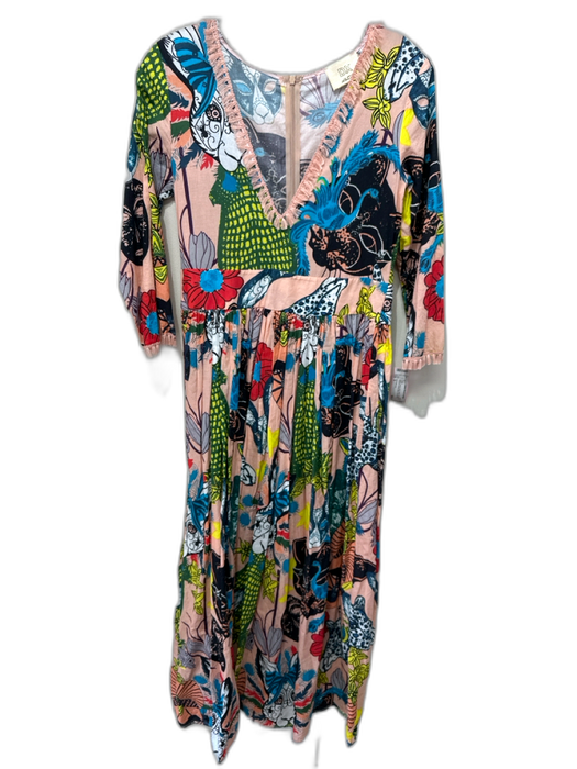 DX Collection Size S peach, green, multi Cotton Fringe trim Abstract Maxi Dress peach, green, multi / S
