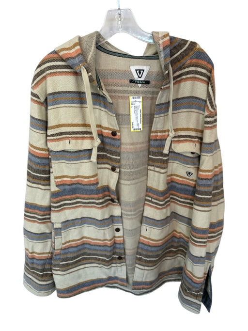 Beige & Blue Print 100% Cotton Stripe Button Up Pockets Hoodie Beige & Blue Print / L
