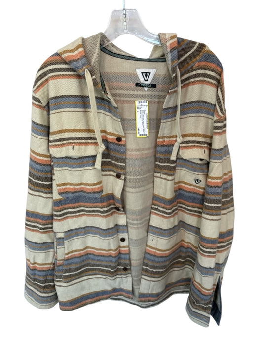 Beige & Blue Print 100% Cotton Stripe Button Up Pockets Hoodie Beige & Blue Print / L