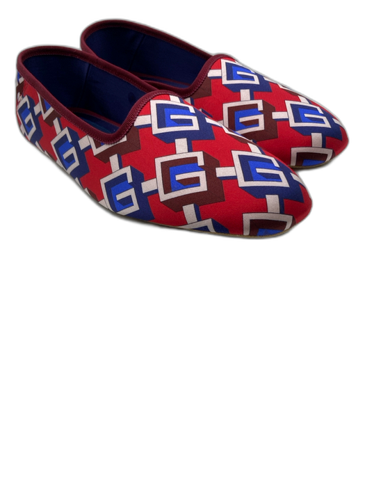 Gucci Shoe Size 10.5 Red, White & Blue Satin Upper Monogram Geometric Flats Red, White & Blue / 10.5