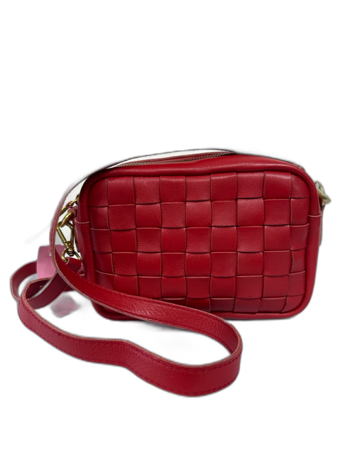 Madewell Red Leather Basket Weave Square Zip Top Crossbody Bag Red