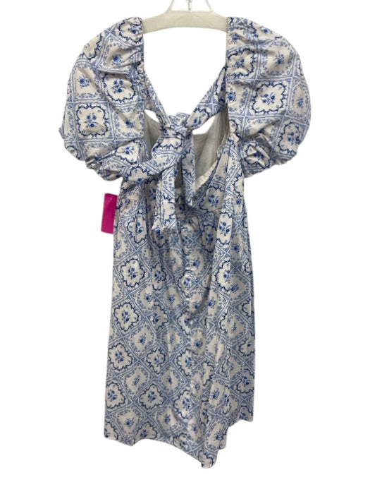 Antonio Melani Size 10 Blue & White Cotton Short Puff Sleeve Floral Print Dress Blue & White / 10