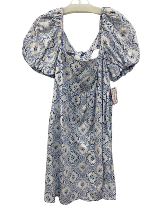 Antonio Melani Size 10 Blue & White Cotton Short Puff Sleeve Floral Print Dress Blue & White / 10