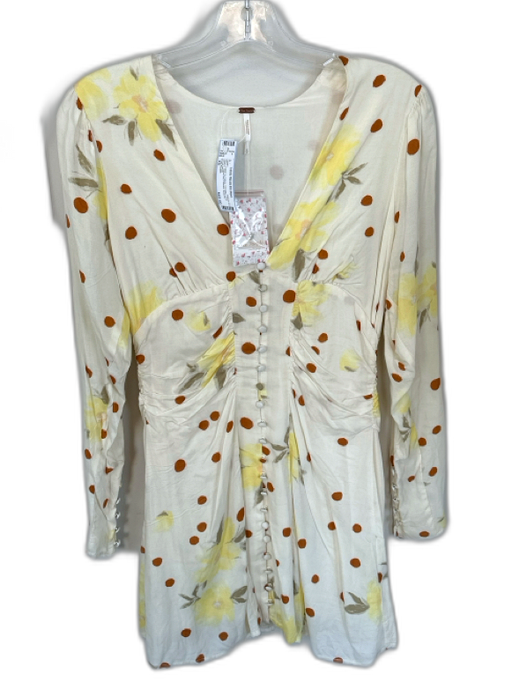 Free People Size XS Cream & Yellow Viscose Long Sleeve Polka Dot Flowers Dress Cream & Yellow / XS