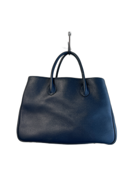 Maxima Dark Blue Leather 2 Handles Interior Zip Pocket Flap and Snap Bag Dark Blue / Medium