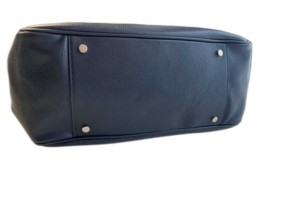 Maxima Dark Blue Leather 2 Handles Interior Zip Pocket Flap and Snap Bag Dark Blue / Medium
