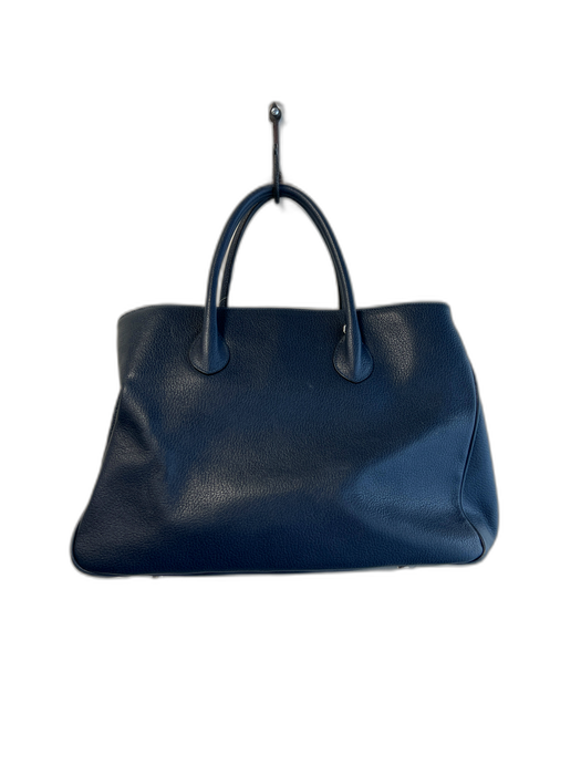 Maxima Dark Blue Leather 2 Handles Interior Zip Pocket Flap and Snap Bag Dark Blue / Medium
