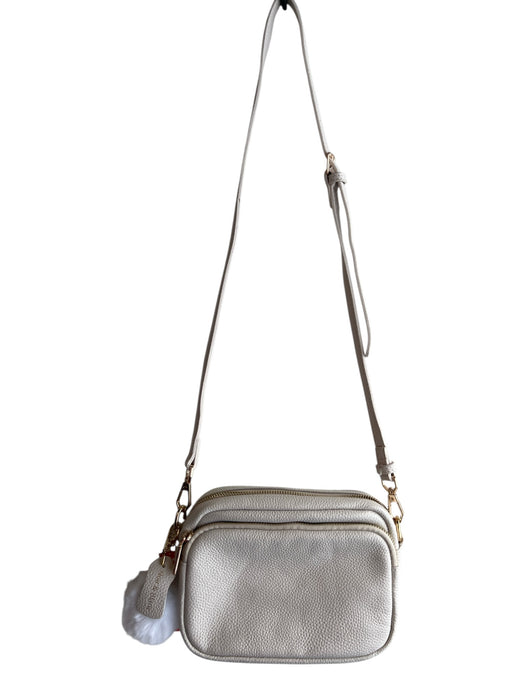 Noir & Blanc Cream Leather Gold hardware Zip Close Cross Body Strap Pom Pom Bag Cream
