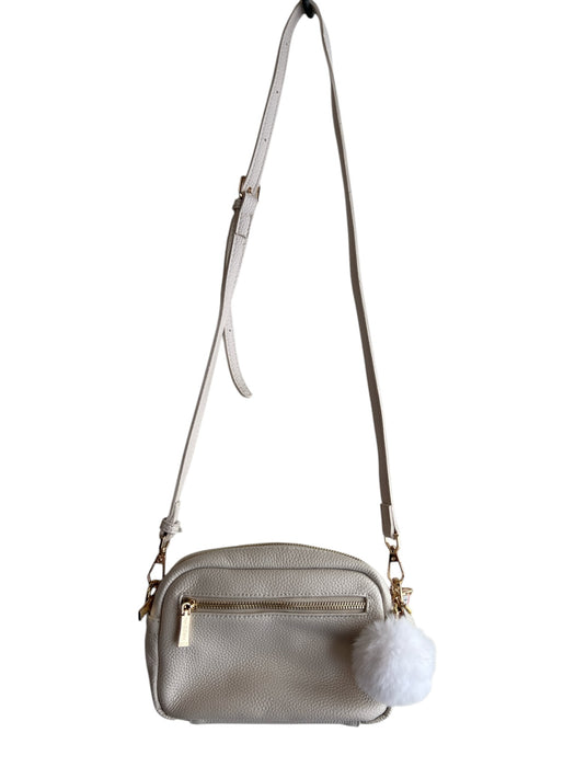 Noir & Blanc Cream Leather Gold hardware Zip Close Cross Body Strap Pom Pom Bag Cream