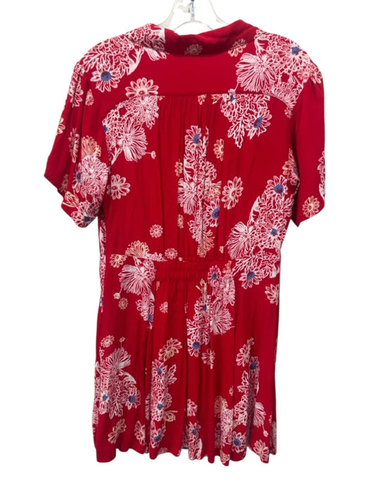 Free People Size M Red, White & Blue Viscose Floral Short Sleeve V Neck Dress Red, White & Blue / M