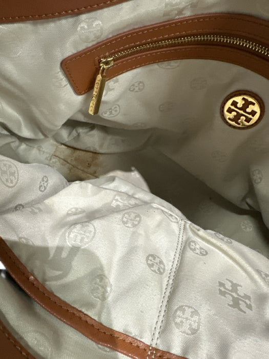 Tory Burch Brown Saffiano Leather Crossbody Strap Zipper Pocket Tote Bag Brown