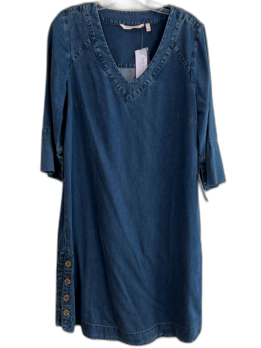 Soft Surroundings Size S Blue Tencel 3/4 Sleeve V Neck Button Detail Dress Blue / S