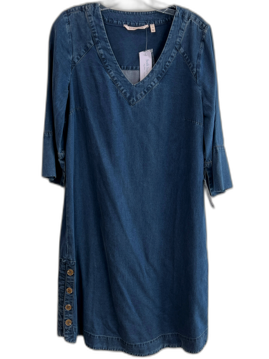 Soft Surroundings Size S Blue Tencel 3/4 Sleeve V Neck Button Detail Dress Blue / S