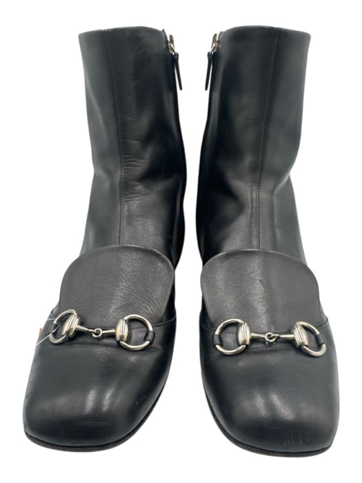 Gucci Black Leather Side Zip Block Heel Horsebit Booties Black