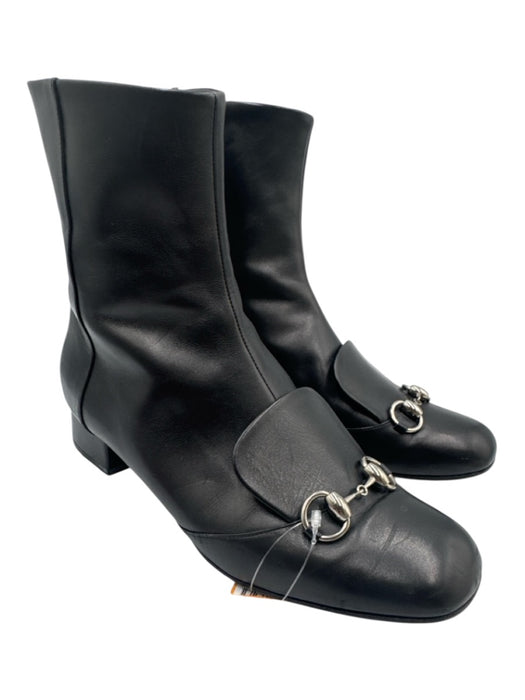 Gucci Black Leather Side Zip Block Heel Horsebit Booties Black