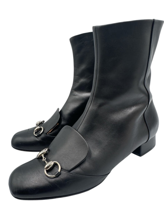 Gucci Black Leather Side Zip Block Heel Horsebit Booties Black