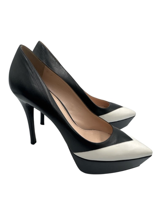 Miu Miu Shoe Size 40 Black & White Leather Platform Stiletto Pointed Toe Pumps Black & White / 40
