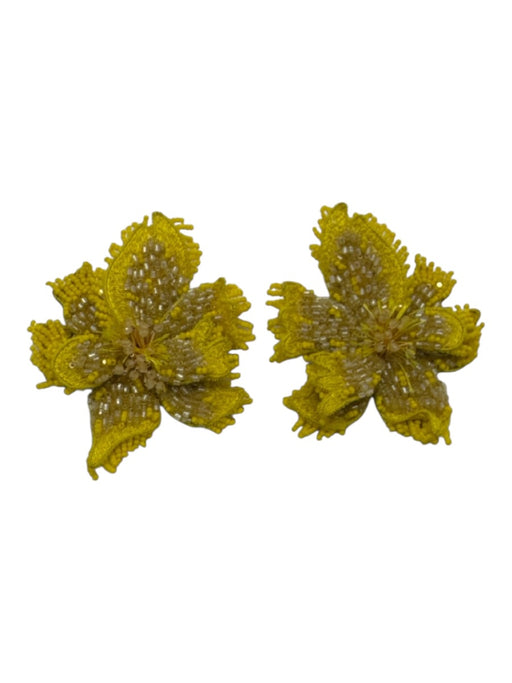 Deepa Gurnani Yellow Print Beaded Flowers Post Back Earrings Yellow Print