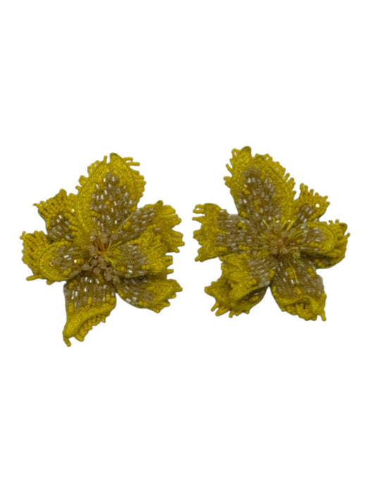 Deepa Gurnani Yellow Print Beaded Flowers Post Back Earrings Yellow Print