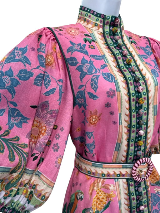 Zimmermann Size S / 1 Pink & Green Print Linen Button Front Back Zip Mini Dress Pink & Green Print / S / 1
