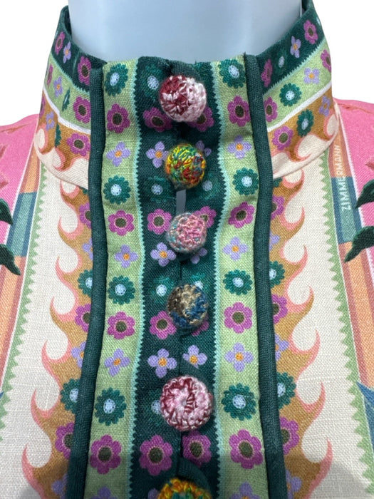 Zimmermann Size S / 1 Pink & Green Print Linen Button Front Back Zip Mini Dress Pink & Green Print / S / 1