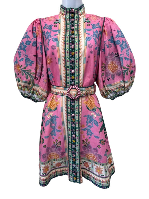Zimmermann Size S / 1 Pink & Green Print Linen Button Front Back Zip Mini Dress Pink & Green Print / S / 1