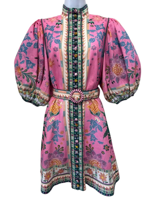 Zimmermann Size S / 1 Pink & Green Print Linen Button Front Back Zip Mini Dress Pink & Green Print / S / 1