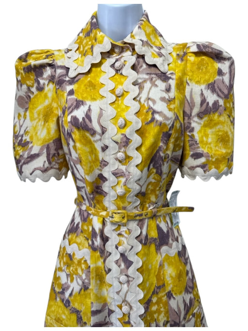 Zimmermann Size S / 1 Yellow, Cream, Lilac Purple Linen Button Front Muff Dress Yellow, Cream, Lilac Purple / S / 1