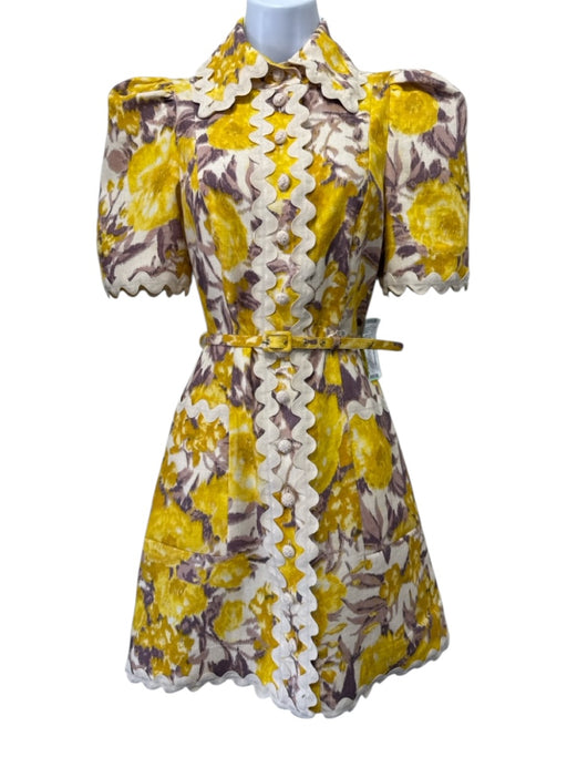 Zimmermann Size S / 1 Yellow, Cream, Lilac Purple Linen Button Front Muff Dress Yellow, Cream, Lilac Purple / S / 1