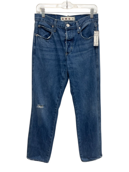 AMO Size 26 Medium Wash Cotton Denim Button Flap High Rise Slim Straight Jeans Medium Wash / 26