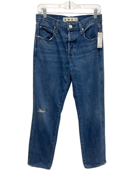 AMO Size 26 Medium Wash Cotton Denim Button Flap High Rise Slim Straight Jeans Medium Wash / 26