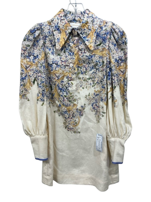 Zimmermann Size OP Cream, Blue & Yellow Linen Floral Quarter Button Dress Cream, Blue & Yellow / OP