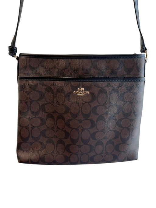 Coach Brown Black Leather Gold hardware Coach print Zip closure Cross Body Bag Brown Black
